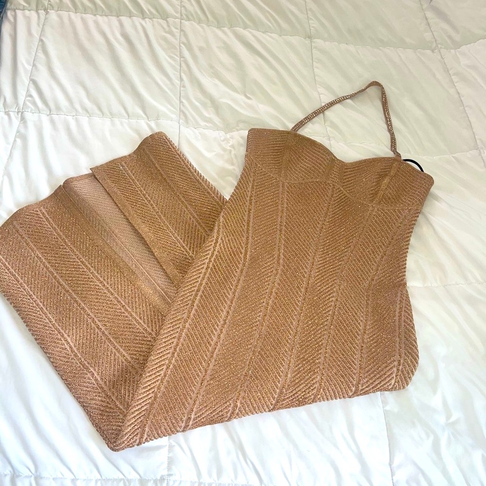 Herve Leger Midi Dress w/ Crystal Embellishment |Light Rose gold